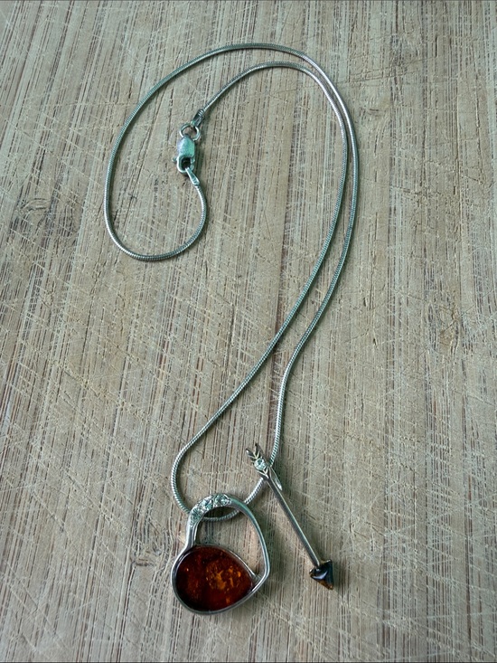 Jewelry - 925 Sterling Silver Amber Heart Pendant Necklace - Brown Amber